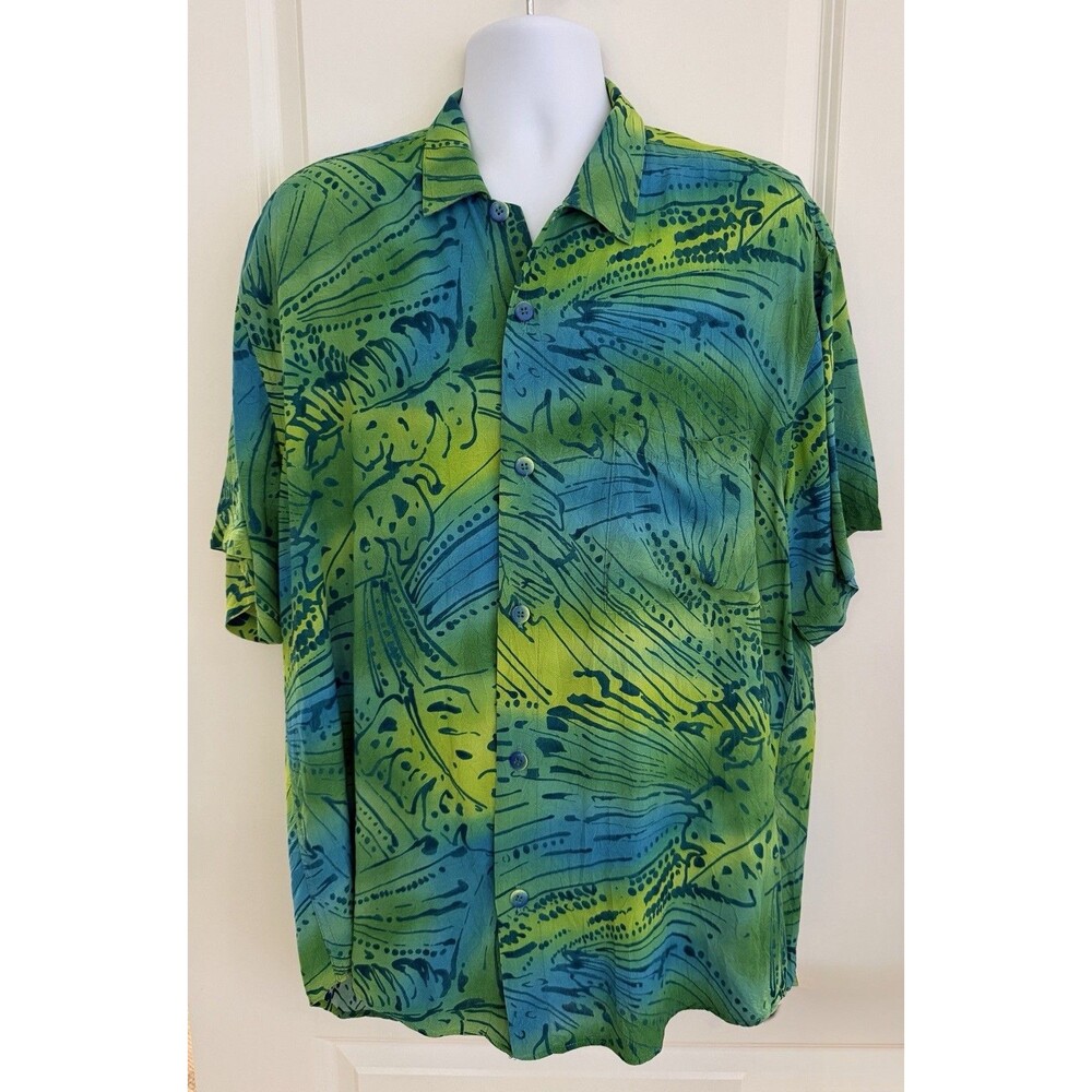 Jams World Vintage Men’s Hawaiian Aloha SS Shirt, Large, Green And Blue Floral